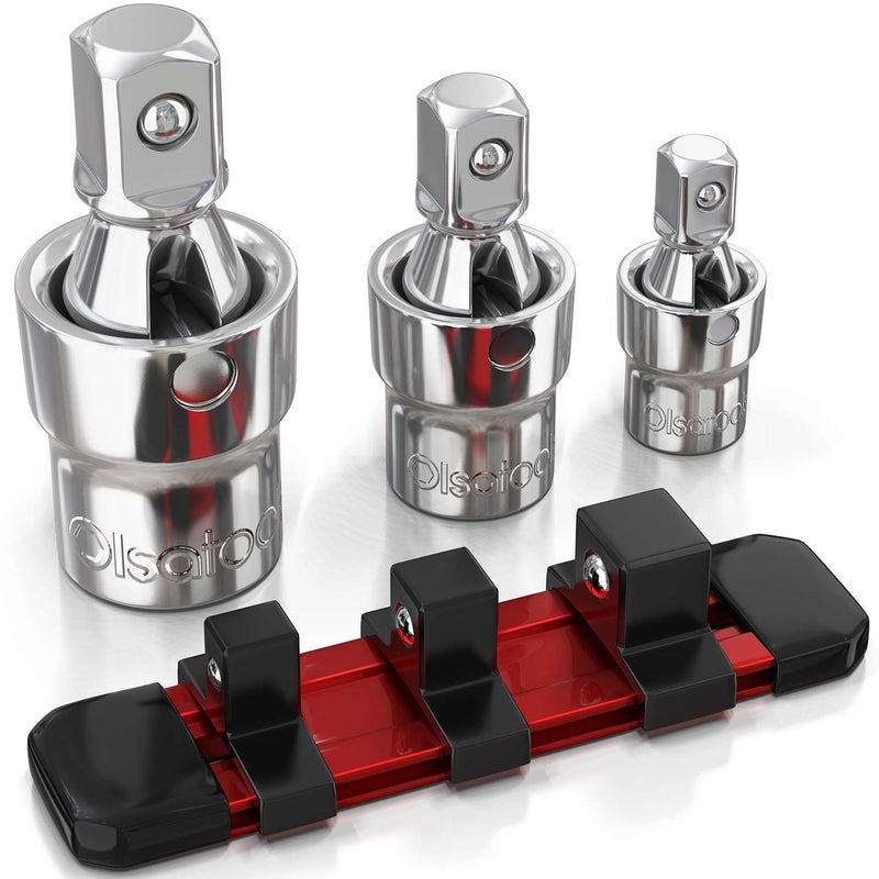 Olsa Tools مجموعة مفاصل عالمية من أولا للأدوات - 3 قطع 1/2"، 3/8" و 1/4" - مجموعة مفاتيح مفصلية دوارة مع سكة ألمنيوم - محولات مفاتيح كروية وزاوية - الجزء 1243 - Image 1